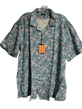 Benson Mens Aqua Floral Short Sleeve Button-Up Shirt XL 100% Cotton